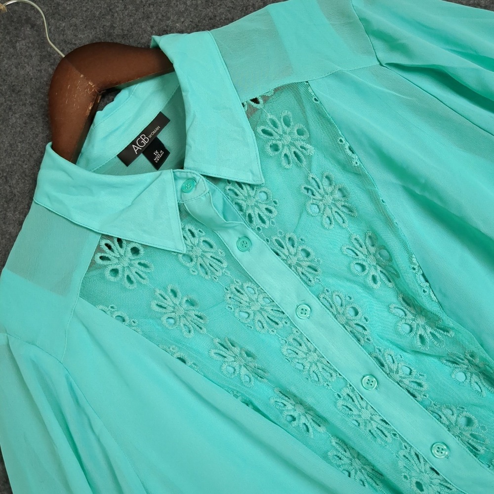 AGB Woman Seafoam Mint Lace Eyelet Button Front‎ Blouse Cami Set 1X New